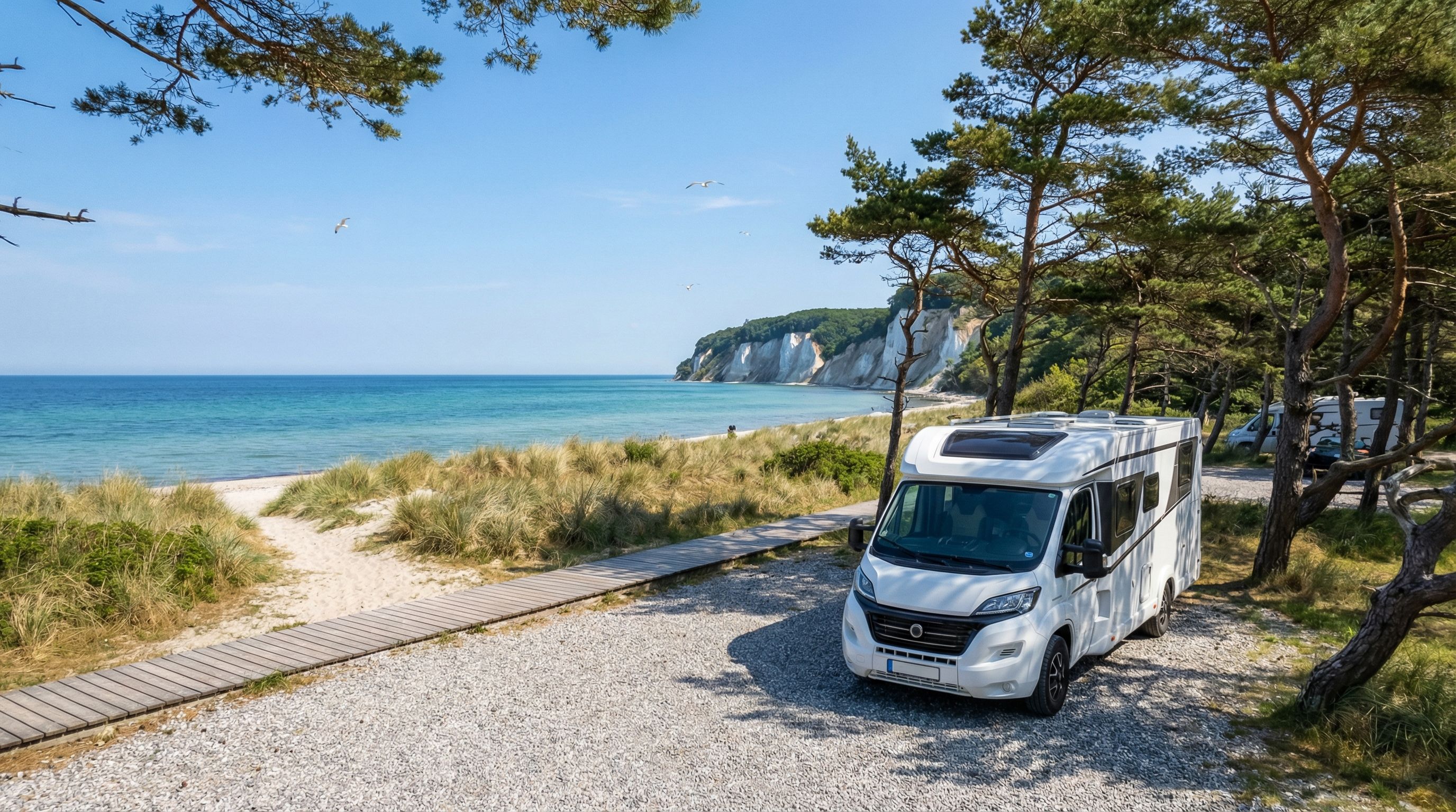 Campervan at a Baltic Coast Stellplatz on Rugen Island with white chalk cliffs in background