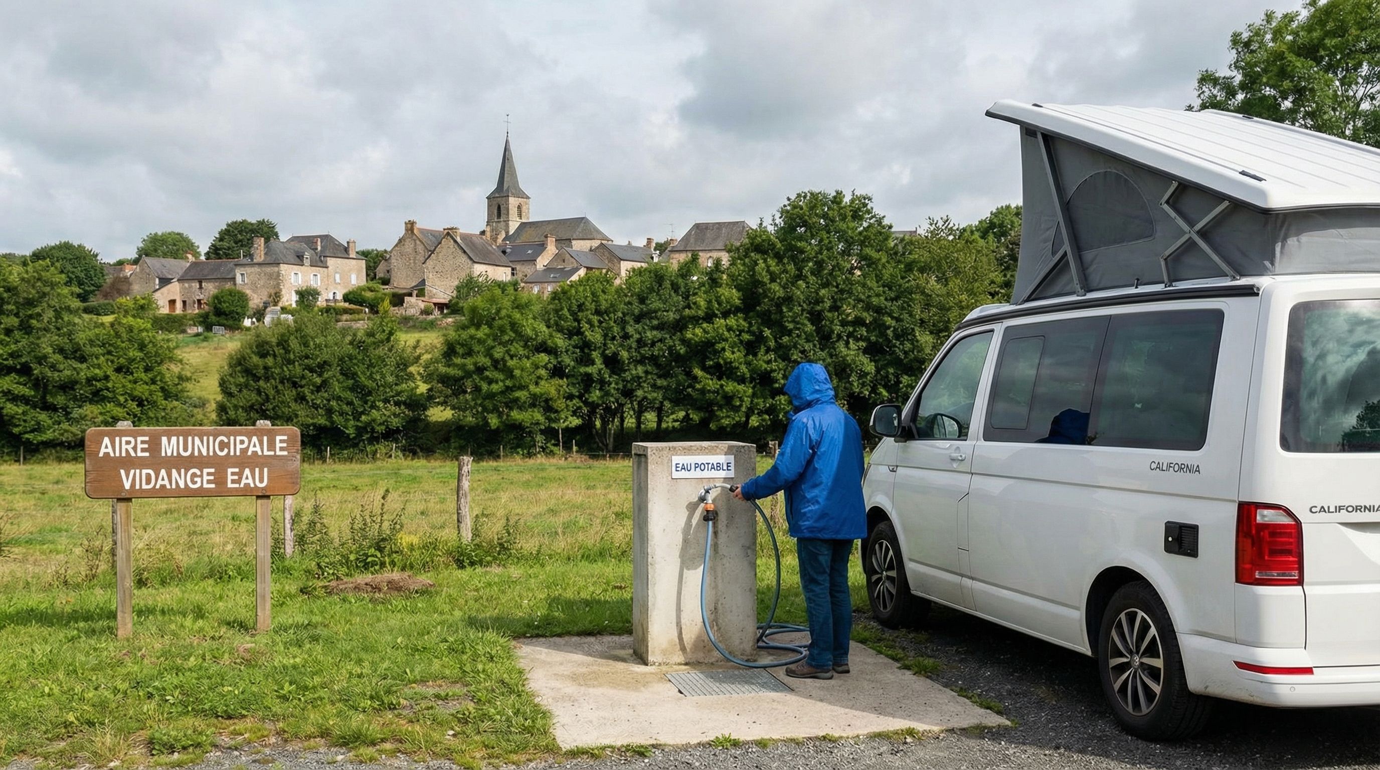 French aire service point with campervan filling water