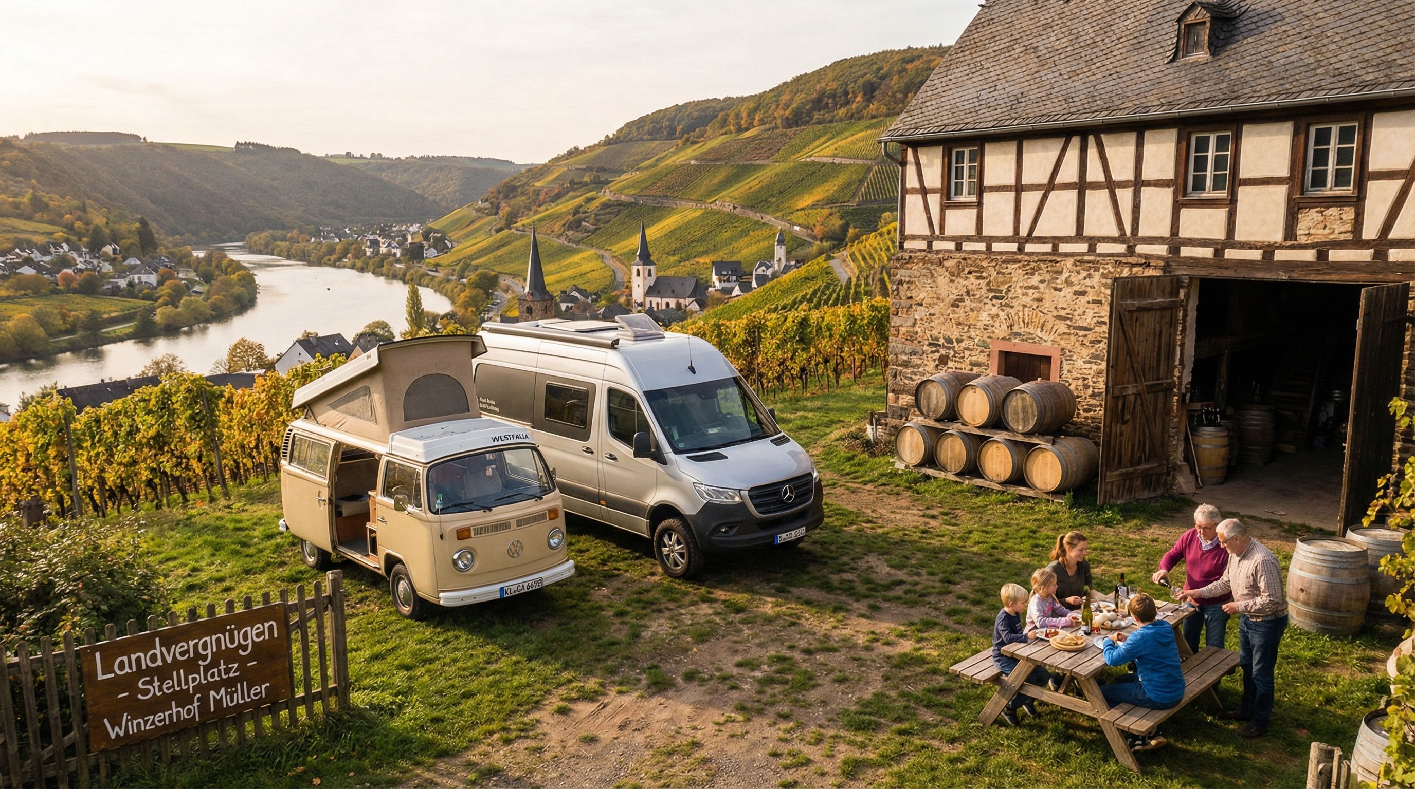 Campervans parked at a Landvergnugen vineyard farm stay in the Mosel Valley, Germany