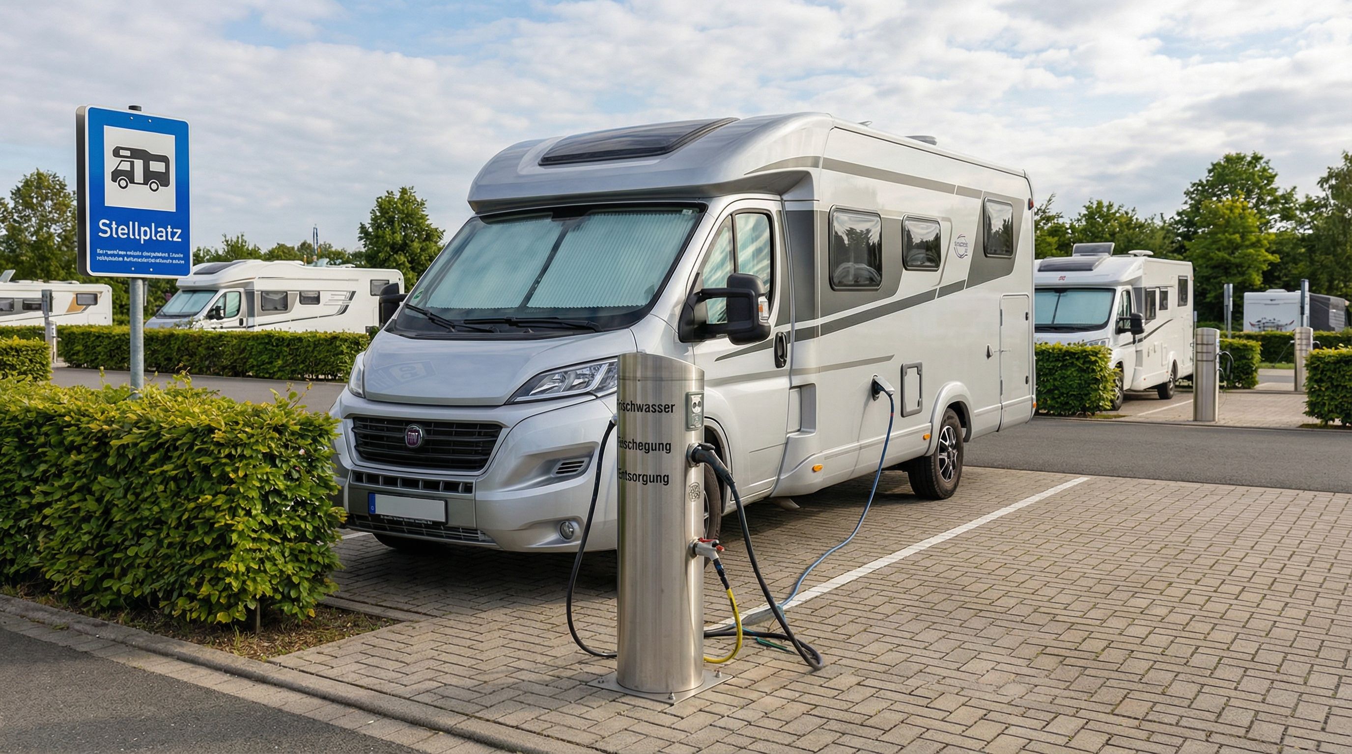 German Stellplatz service point with motorhome filling water at Frischwasser station