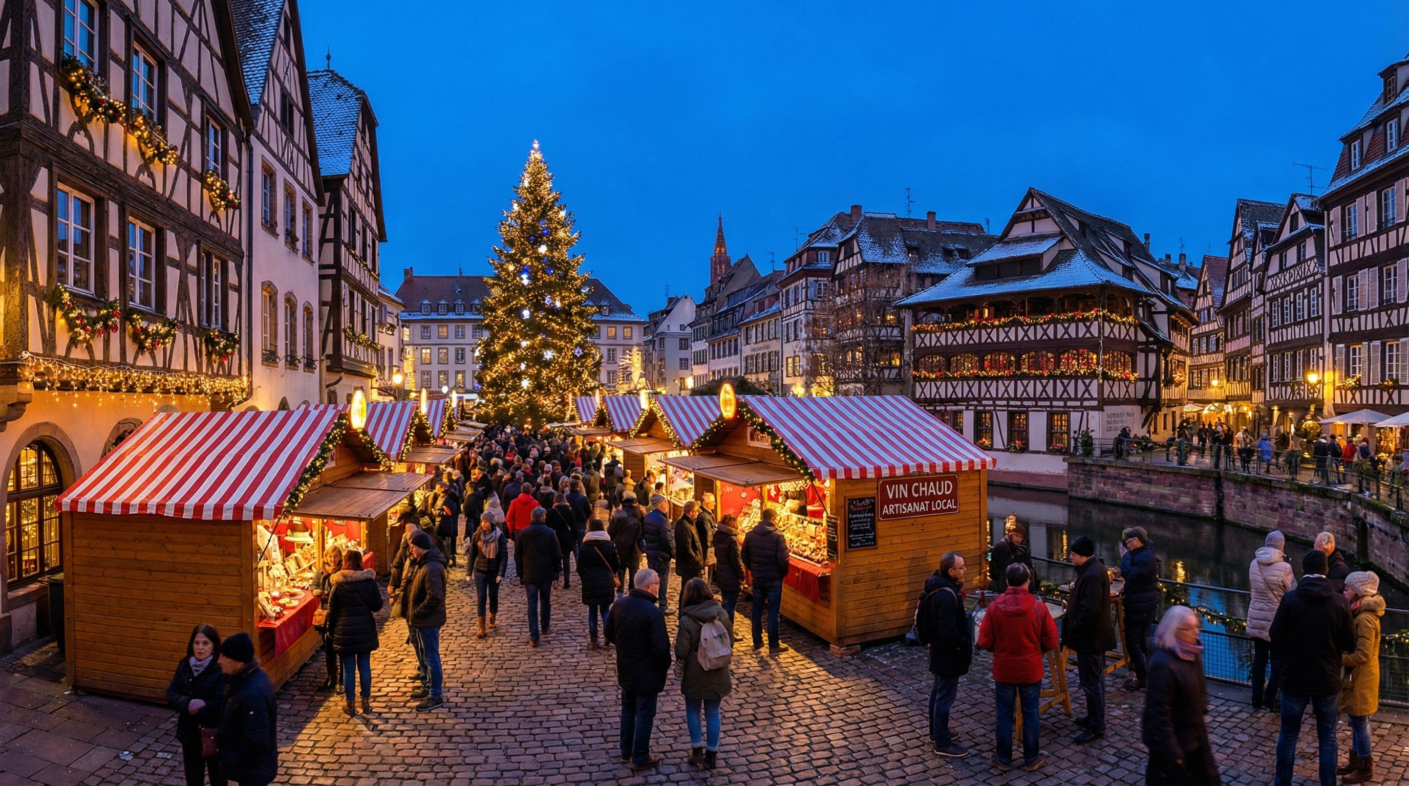 Strasbourg Christmas market with half-timbered houses and decorated tree